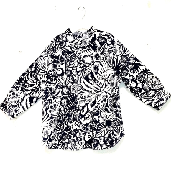 Chaps shirt button down three quarters sleeves floral black and white  Size: 2X - Picture 1 of 5